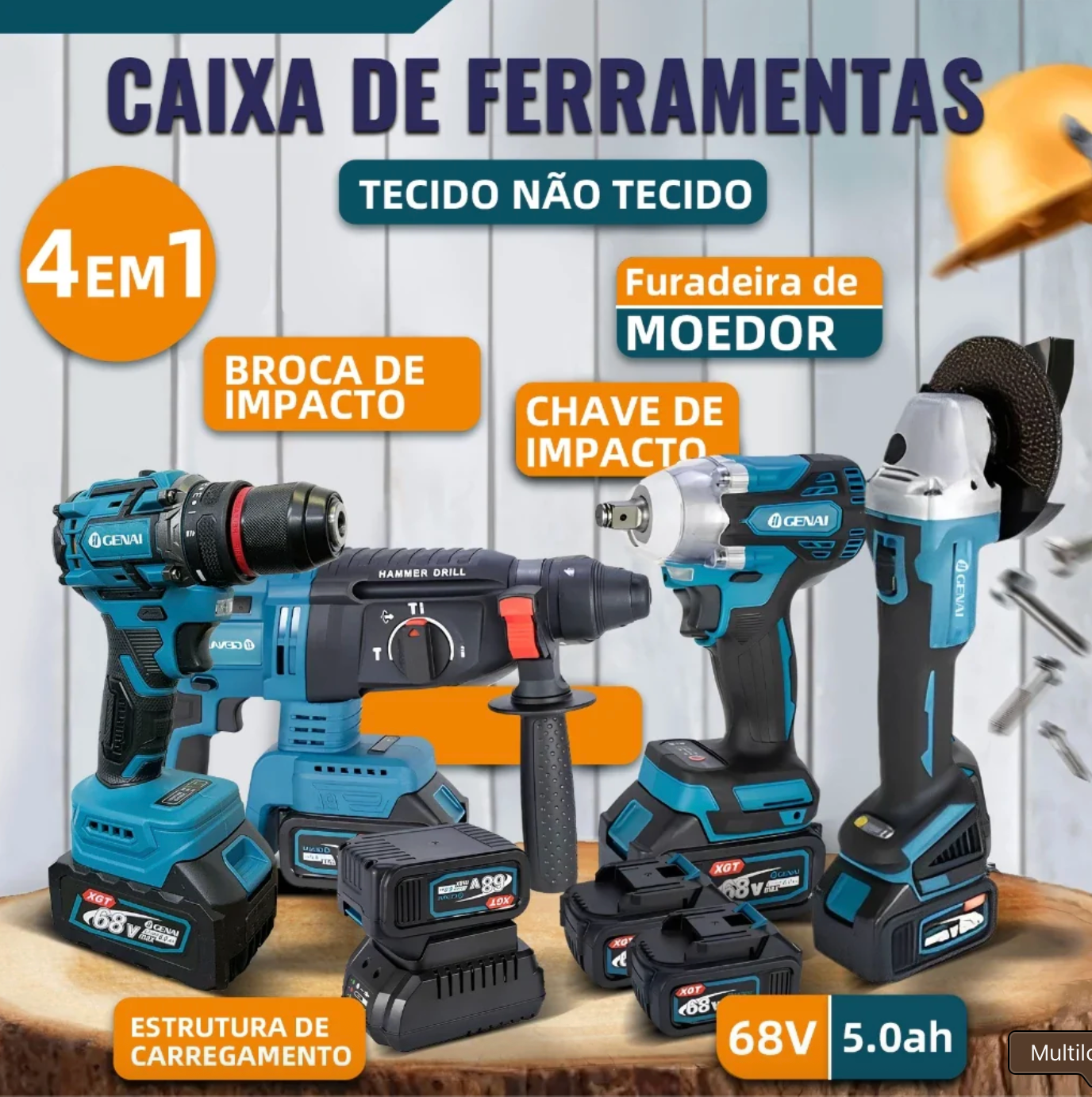 🔥【PREÇO DE FÁBRICA】🔥 Kit de ferramentas 4 em 1 Furadeira, Chave de fenda/Chave de impacto/Amolador/Martelo 2 baterias de 21 V Caixa