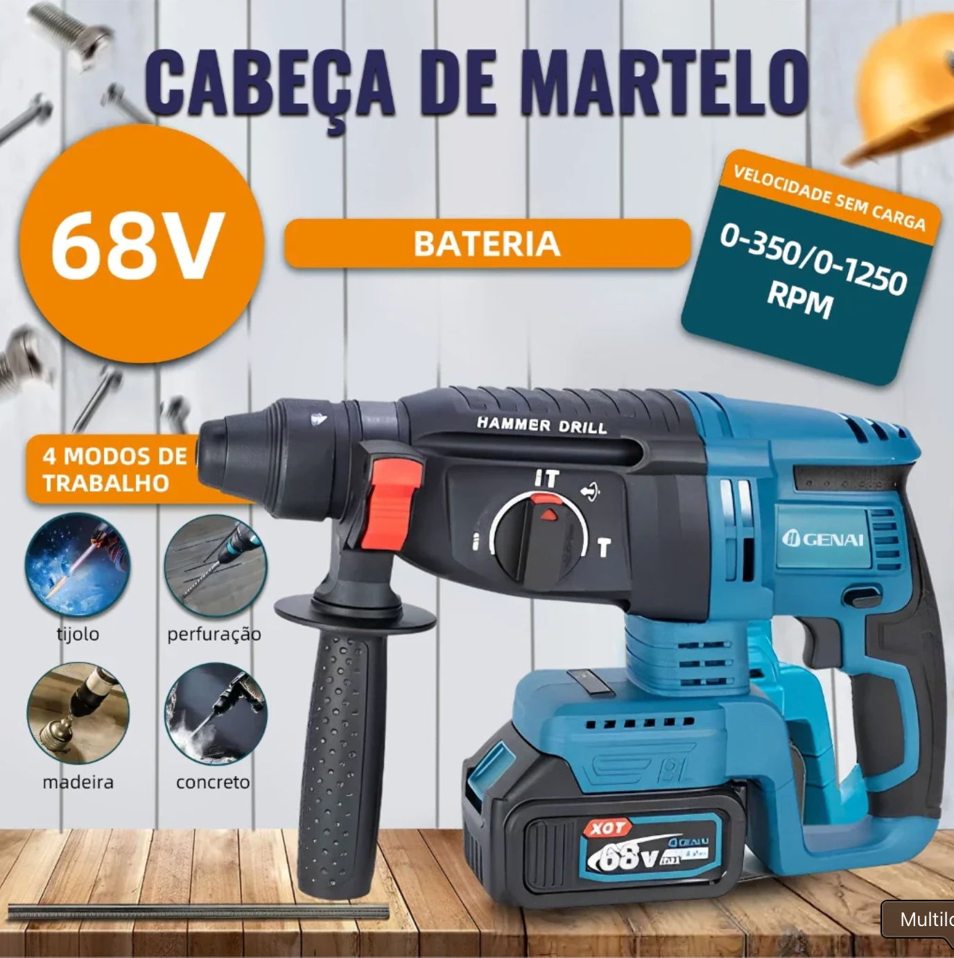 🔥【PREÇO DE FÁBRICA】🔥 Kit de ferramentas 4 em 1 Furadeira, Chave de fenda/Chave de impacto/Amolador/Martelo 2 baterias de 21 V Caixa