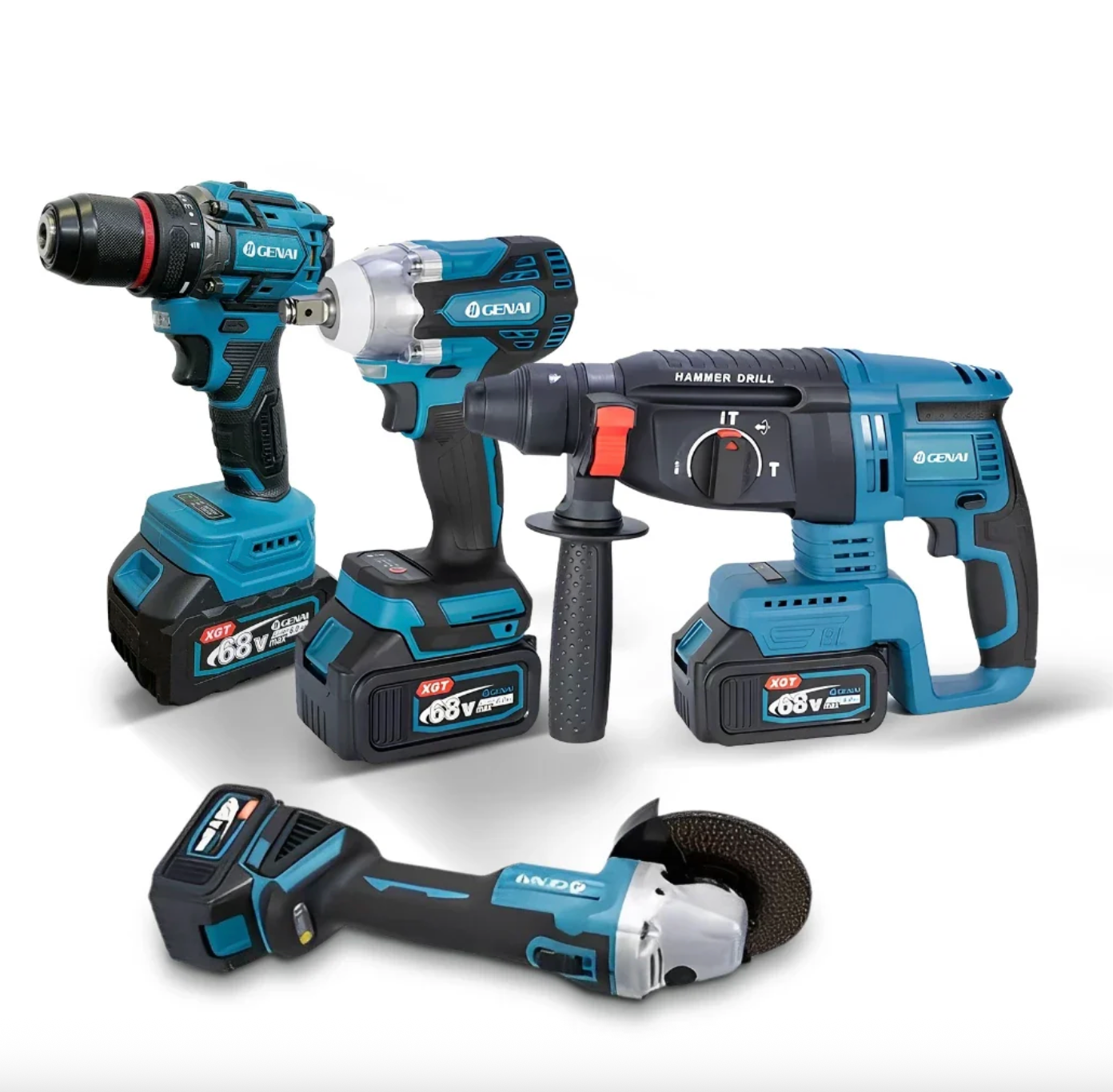 🔥【PREÇO DE FÁBRICA】🔥 Kit de ferramentas 4 em 1 Furadeira, Chave de fenda/Chave de impacto/Amolador/Martelo 2 baterias de 21 V Caixa